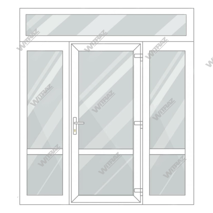 PVC entrance doors with 2 side and 1 top windows - Door (glass + glass) + 2 Sides (glass + glass) + Upper window (glass)